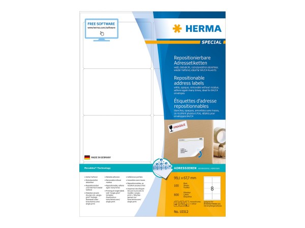 HERMA Special - Papier - matt - selbstklebend, neu positionierbar - weiß - 99.1 x 67.7 mm 800 Etiket