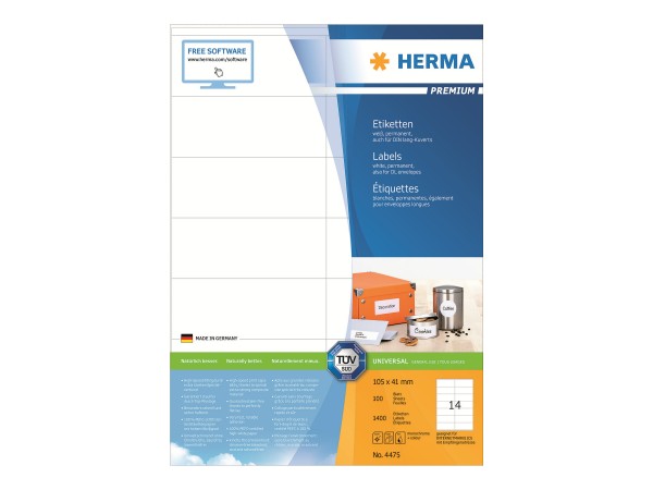 HERMA Premium - Papier - matt - permanent selbstklebend - weiß - 105 x 41 mm 1400 Etikett(en) (100 B