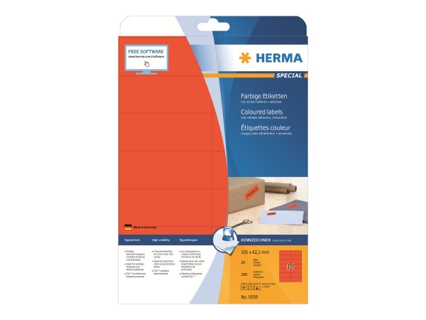 HERMA Special - Papier - matt - permanent selbstklebend - Rot - 105 x 42.3 mm 280 Etikett(en) (20 Bo