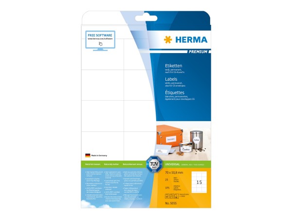 HERMA Premium - Papier - matt - permanent selbstklebend - weiß - 70 x 50.8 mm 375 Etikett(en) (25 Bo