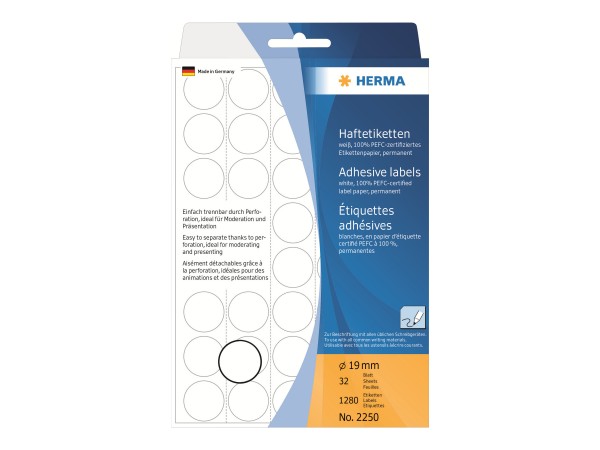 HERMA Permanenter Klebstoff - weiß - 19 mm rund 1280 Etikett(en) (32 Bogen x 40)