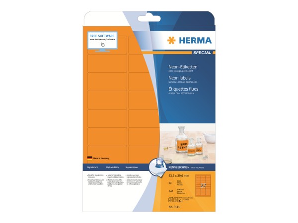 HERMA Special - Papier - matt - permanent selbstklebend - Luminous Orange - 63.5 x 29.6 mm 540 Etike