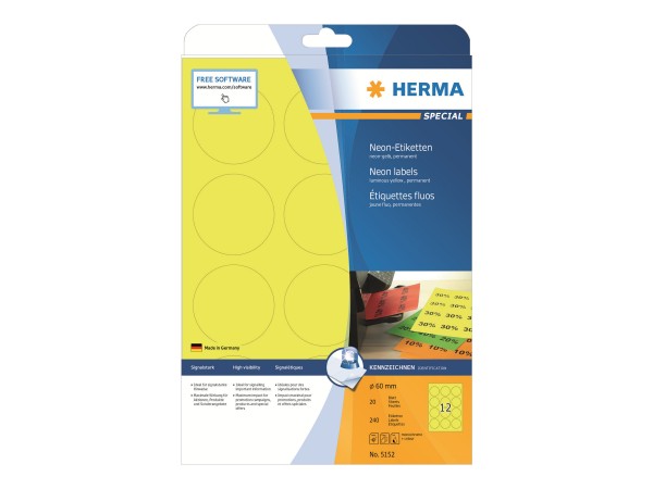 HERMA Special - Papier - matt - permanent selbstklebend - Leuchtendes Gelb - 60 mm rund 240 Etikett(