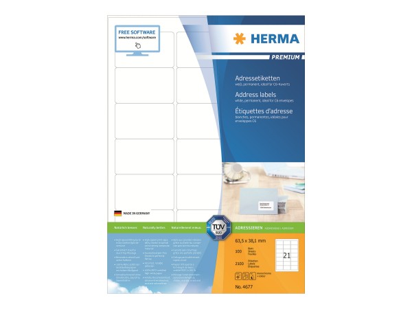 HERMA Premium - Papier - matt - permanent selbstklebend - weiß - 63.5 x 38.1 mm 2100 Etikett(en) (10