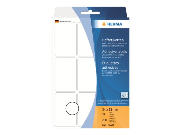 HERMA Papier - matt - permanenter Klebstoff - weiß - 34 x 53 mm 288 Etikett(en) (32 Bogen x 9)