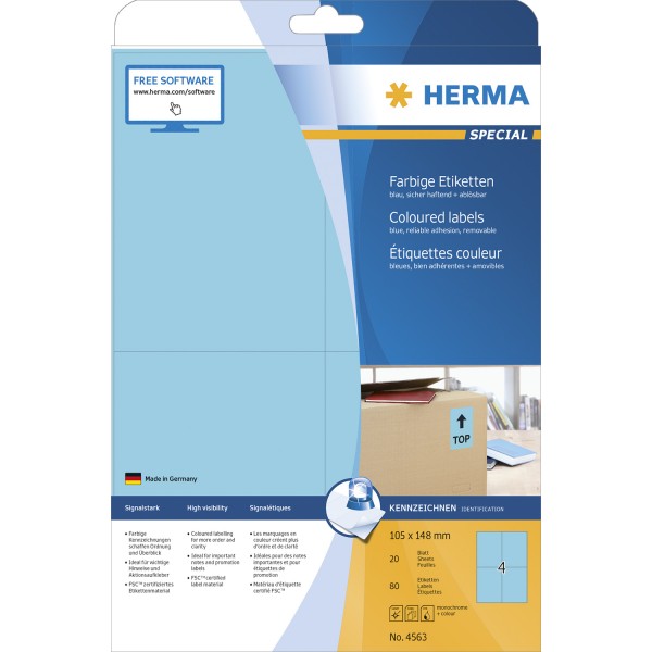 HERMA 4563 - Blau - Rechteck - A4 - Universal - Matte - Laser/Inkjet