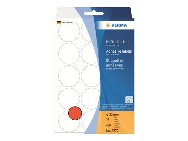 HERMA Papier - permanent selbstklebend - Rot - 32 mm rund 480 Etikett(en) (32 Bogen x 15)