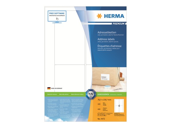 HERMA Premium - Papier - matt - permanent selbstklebend - weiß - 139.7 x 78.7 mm 400 Etikett(en) (10