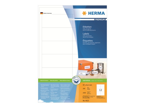 HERMA Premium - Papier - matt - permanent selbstklebend - weiß - 97 x 42.3 mm 2400 Etikett(en) (200