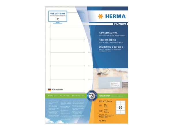 HERMA Premium - Papier - matt - permanent selbstklebend - weiß - 88.9 x 33.8 mm 1600 Etikett(en) (10