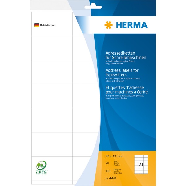 HERMA Adressetiketten für Schreibmaschinen A4 70x42 mm Papier matt Ecken spitz 420 St. Weiß - Papier