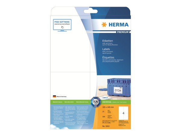 HERMA Premium - Papier - matt - permanent selbstklebend - weiß - 148 x 105 mm 100 Etikett(en) (25 Bo