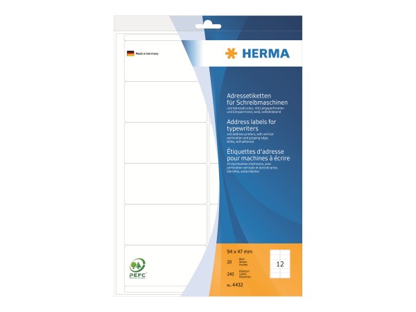 HERMA Permanenter Klebstoff - weiß - 94 x 47 mm 240 Etikett(en) (20 Bogen x 12)