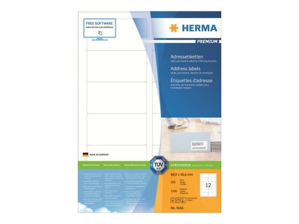 HERMA Premium - Papier - matt - permanent selbstklebend - weiß - 88.9 x 46.6 mm 1200 Etikett(en) (10