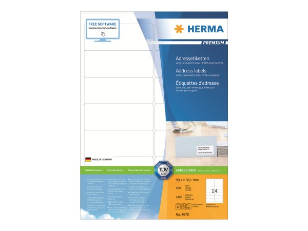 HERMA Premium - Papier - matt - permanent selbstklebend - weiß - 99.1 x 38.1 mm 1400 Etikett(en) (10