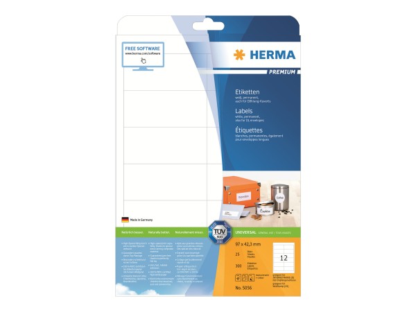 HERMA Premium - Papier - matt - permanent selbstklebend - weiß - 97 x 42.3 mm 300 Etikett(en) (25 Bo