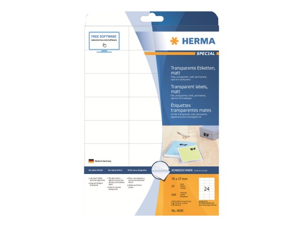 HERMA Special - Matt - permanent selbstklebend - durchsichtig - 70 x 37 mm 600 Etikett(en) (25 Bogen