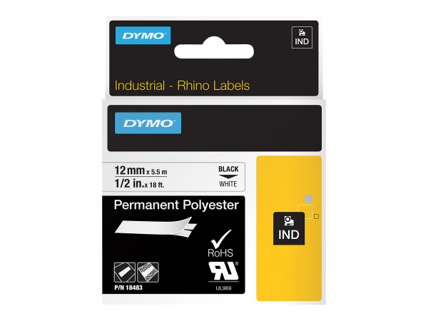 Dymo IND - Polyester - permanenter Klebstoff - Schwarz auf Weiß - Rolle (1,2 cm x 5 m)